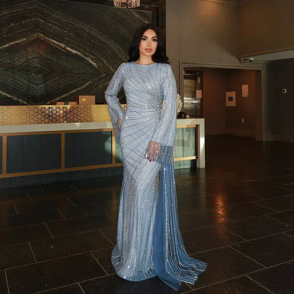 Arabic Blue A Line Feathers Cape Sleeves Beaded Luxury Saudi Evening Dresses Gowns for Formal Occasion 2025 LA71782A main image 0