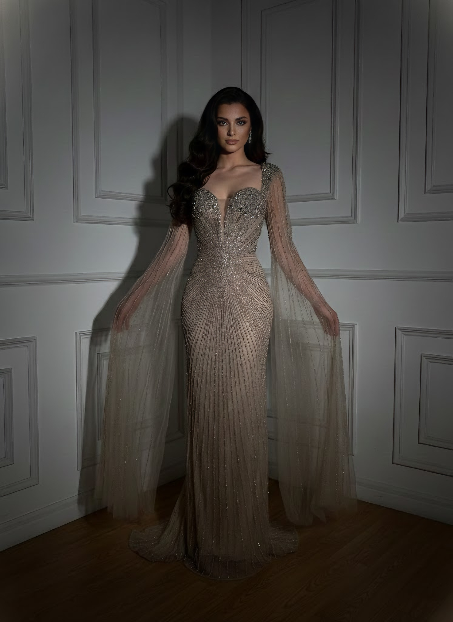 Luxury Caramel Crystal Beaded Mermaid Evening Dress with Cape LA72575D - SERENE HILL