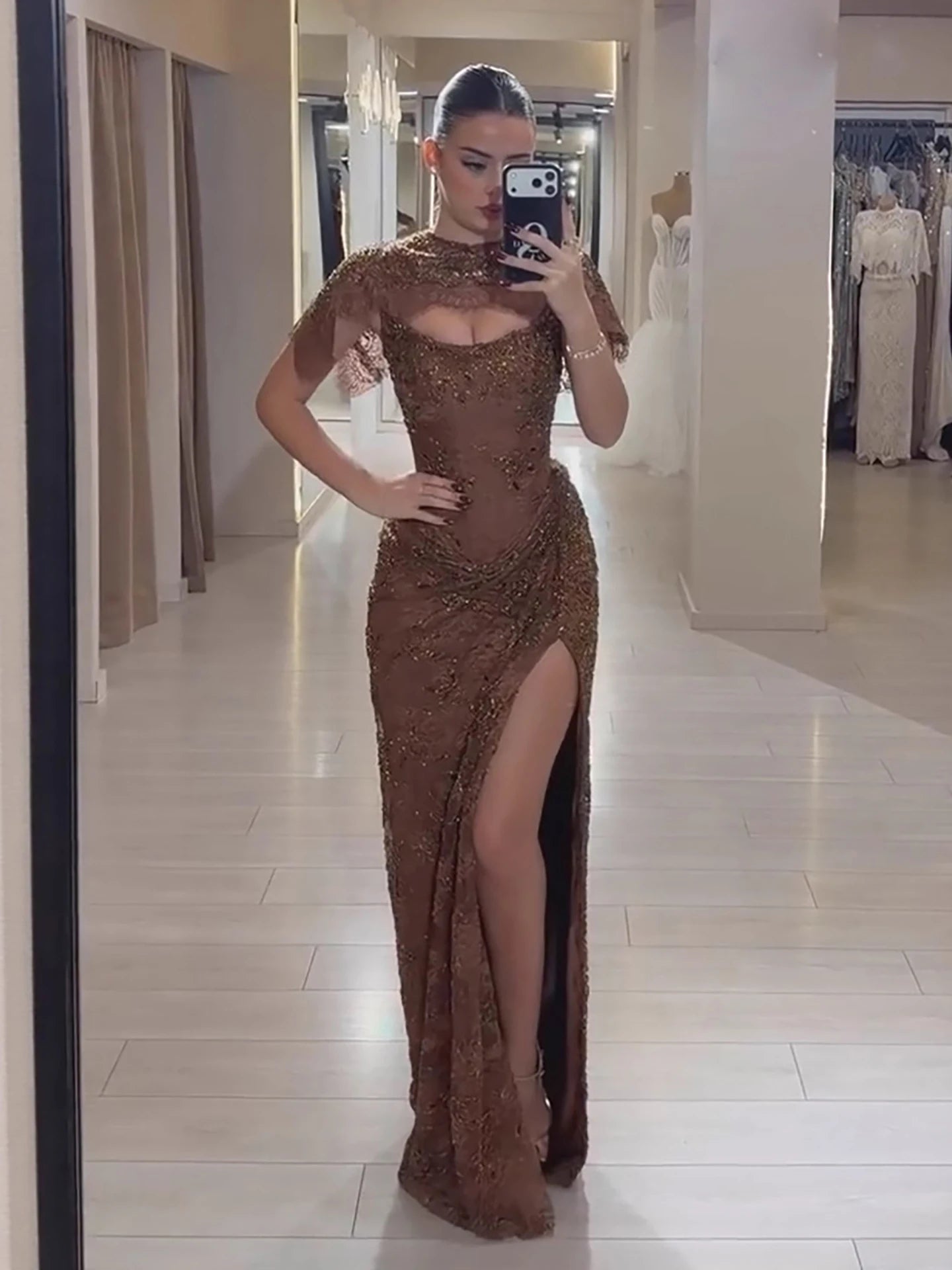 Luxury Brown Beaded Mermaid Gown with Cape LA73370 - SERENE HILL