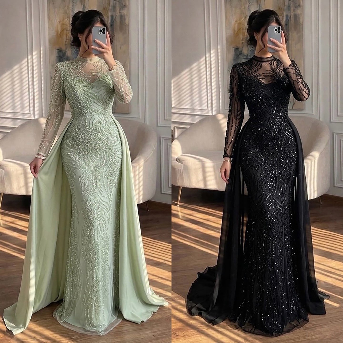 Luxury Sage Green Beaded Mermaid Dress with Overskirt LA73716 SERENE HILL