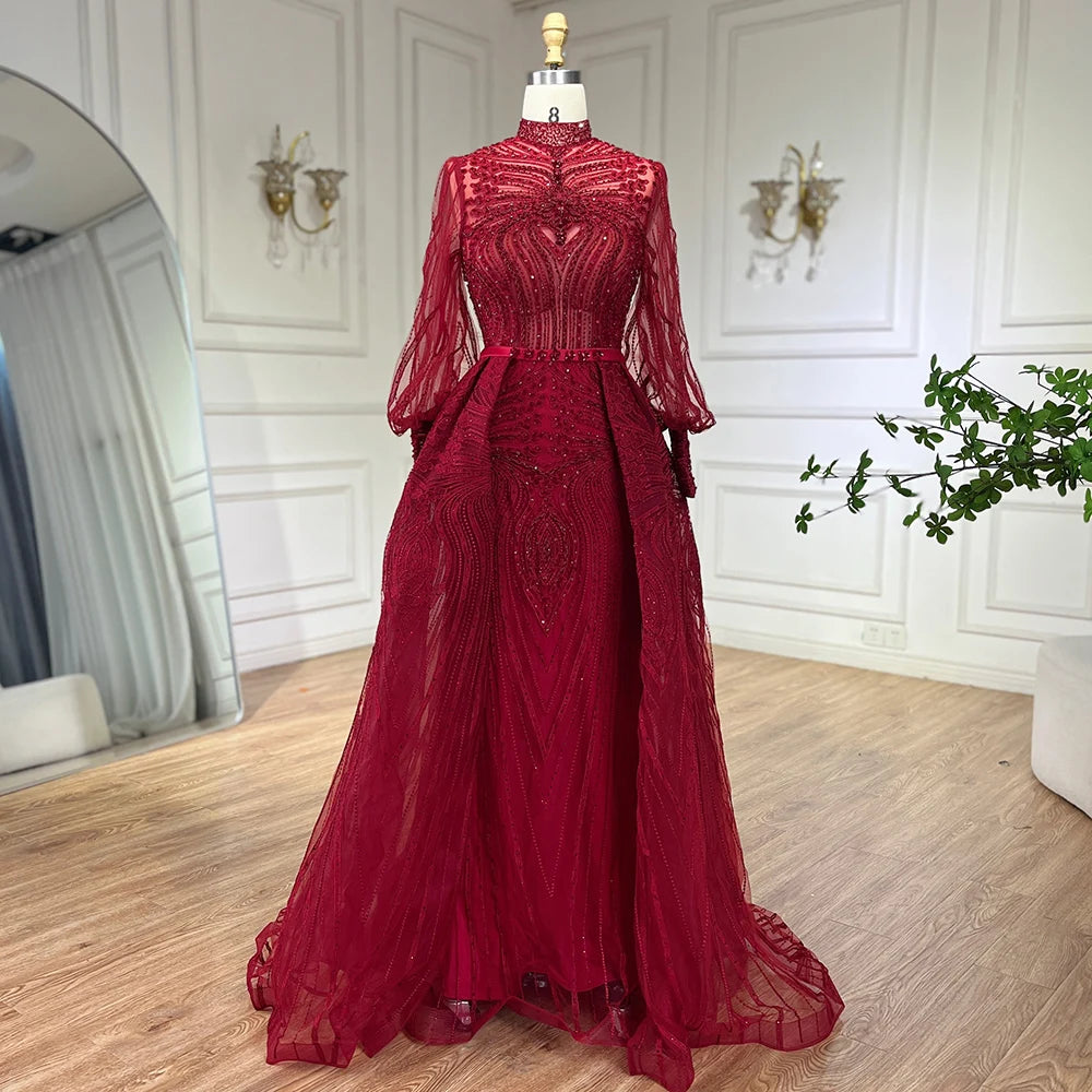 Serene Hill Muslim Grey Overskirt Evening Dresses Gowns 2025 Mermaid Elegant Beaded For Woman Party LA71248 - SERENE HILL
