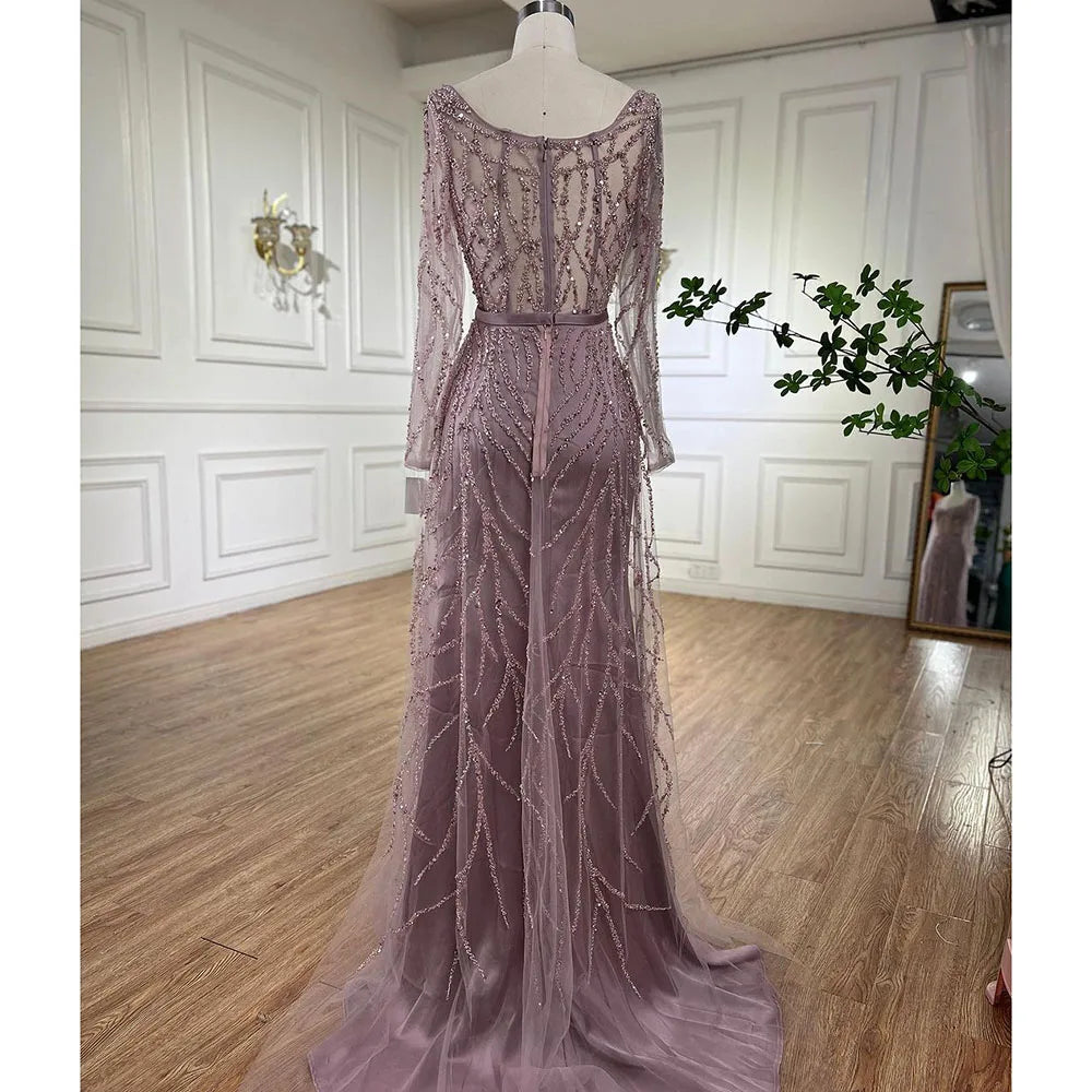 Arabic Pink High Split Beaded Luxury Dubai Long Evening Dresses Gowns For Women Wedding Party LA71917 - SERENE HILL