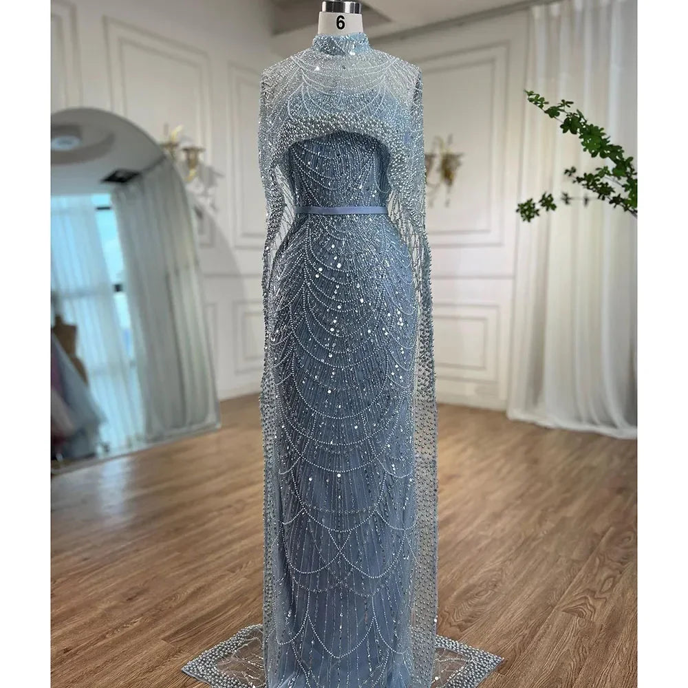 Designer Nude Mermaid Long Cape Luxury Evening Dress LA72032 - SERENE HILL