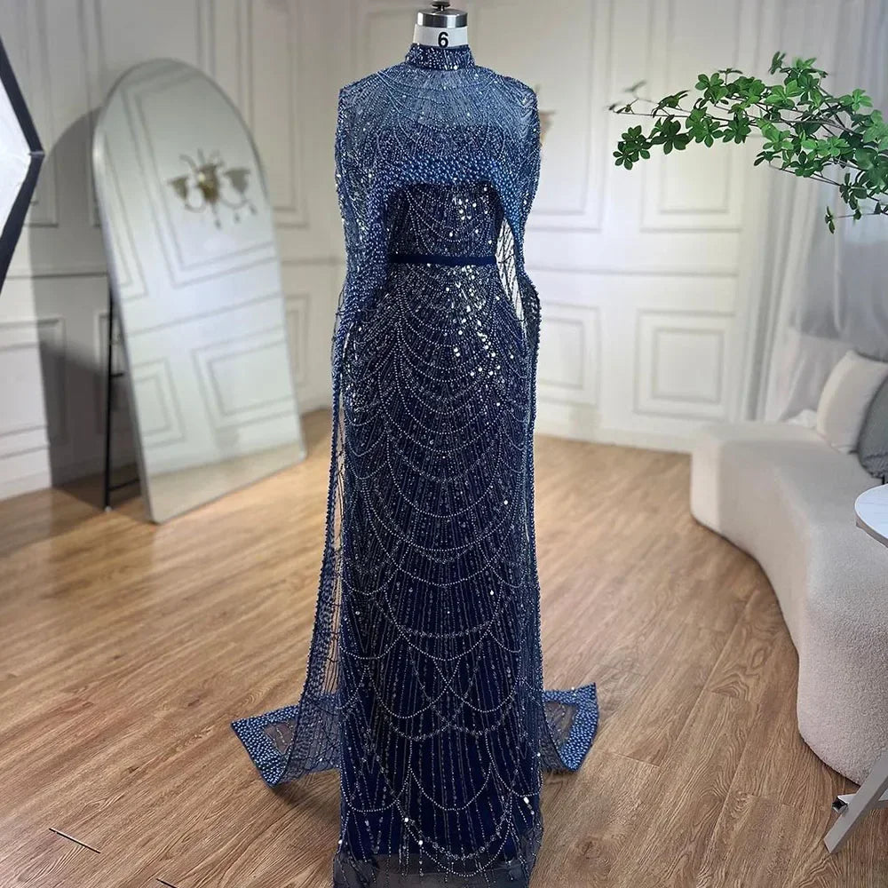 Designer Nude Mermaid Long Cape Luxury Evening Dress LA72032 - SERENE HILL
