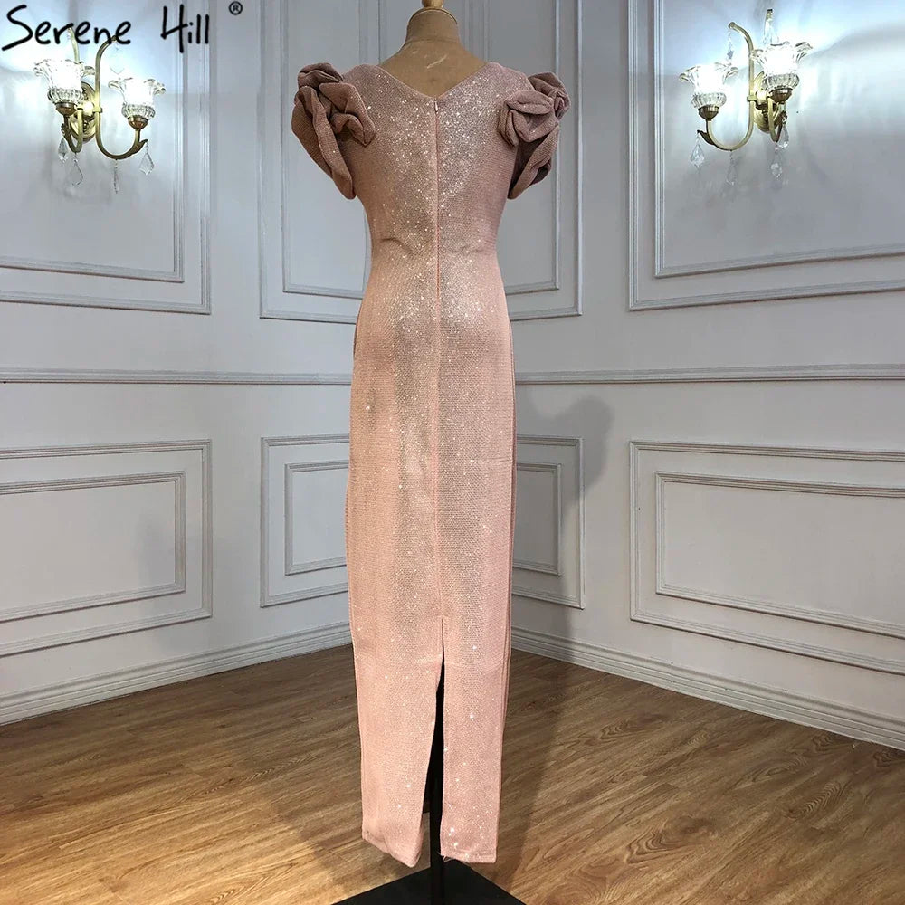 Dubai Designer Pink Short Sleeves Dress New Mermaid Fashion Womens Formal Evening Gowns Luxury Dubai QA8019 - SERENE HILL