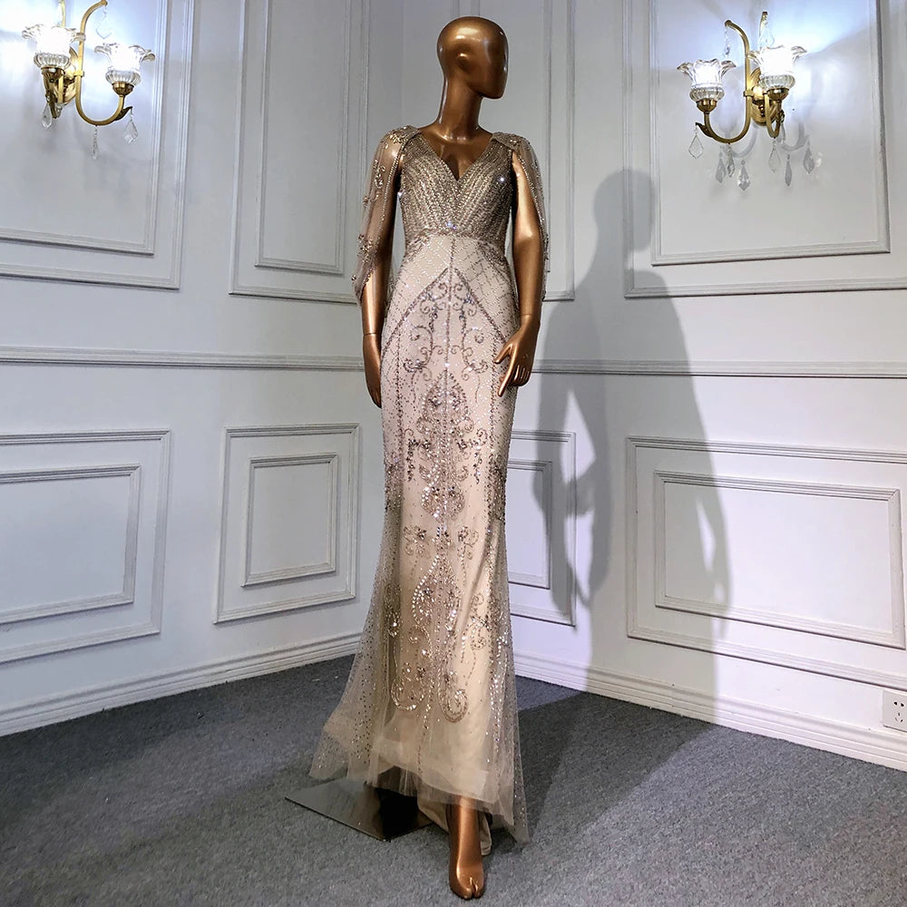 Dubai Grey Nude Sexy Evening Dresses 2025 Crystal Sleeveless Shawl Yarn Formal Serene Hill LA70382 - SERENE HILL