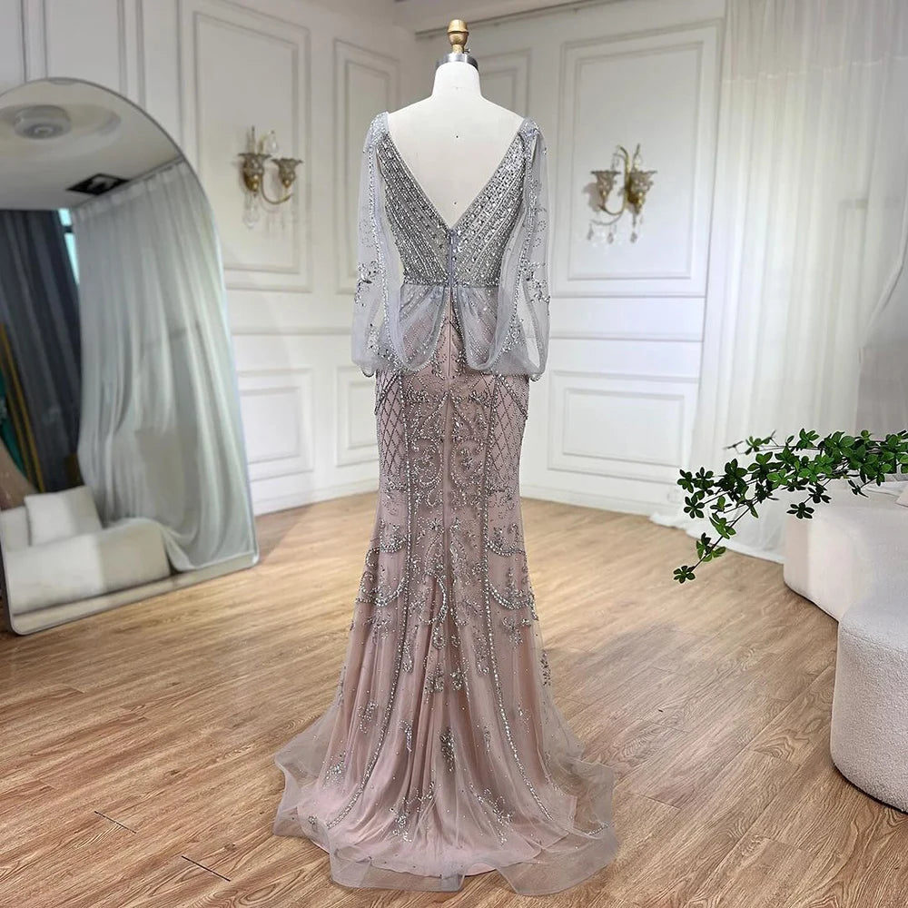 Dubai Grey Nude Sexy Evening Dresses 2025 Crystal Sleeveless Shawl Yarn Formal Serene Hill LA70382 - SERENE HILL