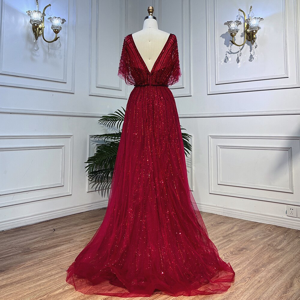 Serene Hill Dubai Red Luxury A-Line Sexy Evening Dresses 2025 Half Sleeves Beading Crystal Formal Dress Design Real Photo LA70458 - SERENE HILL