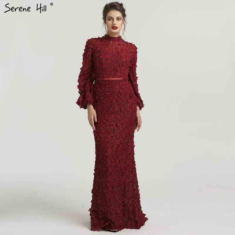 Flowers Pearls Long Sleeves Mermaid Evening Dresses Muslim Fashion Elegant Formal Dress 2025 Serene Hill Plus Size LA6293 - SERENE HILL