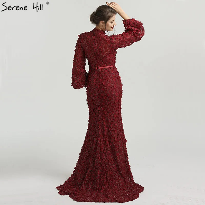 Flowers Pearls Long Sleeves Mermaid Evening Dresses Muslim Fashion Elegant Formal Dress 2025 Serene Hill Plus Size LA6293 - SERENE HILL