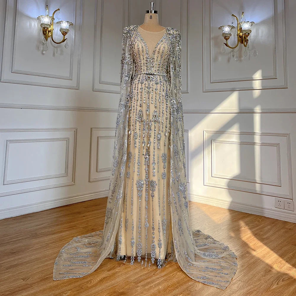 Gold Luxury Cape Sleeve Evening Dresses Gowns 2025 Beaded A-Line High-end For Women Party Serene Hill Couture LA71463A - SERENE HILL