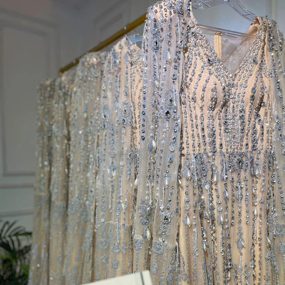 Gold Luxury Cape Sleeve Evening Dresses Gowns 2025 Beaded A-Line High-end For Women Party Serene Hill Couture LA71463 - SERENE HILL