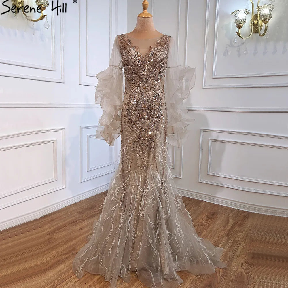 Gold Petal Long Sleeve Mermaid Evening Dresses 2025 Luxury Sparkl Sequins Beaded Sexy Formal Dress Serene Hill LA70410 wine red / 6