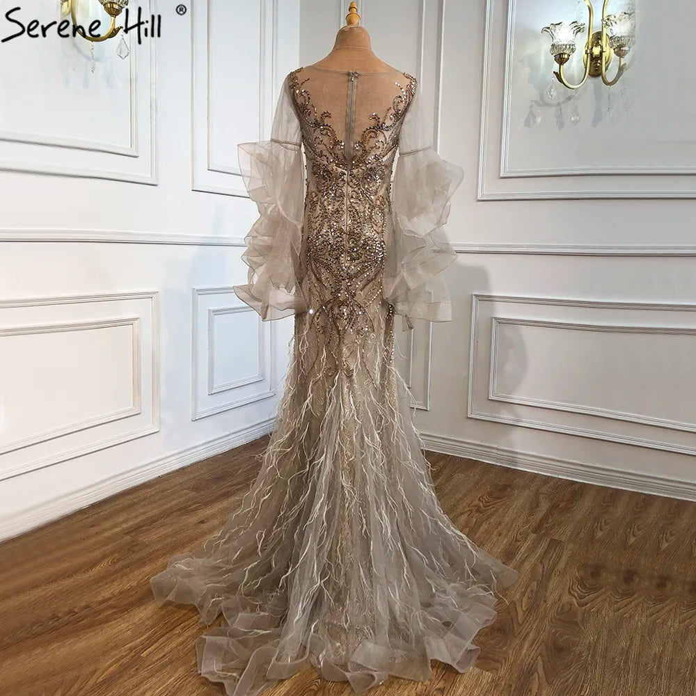 Gold Petal Long Sleeve Mermaid Evening Dresses 2025 Luxury Sparkl Sequins Beaded Sexy Formal Dress Serene Hill LA70410 - SERENE HILL