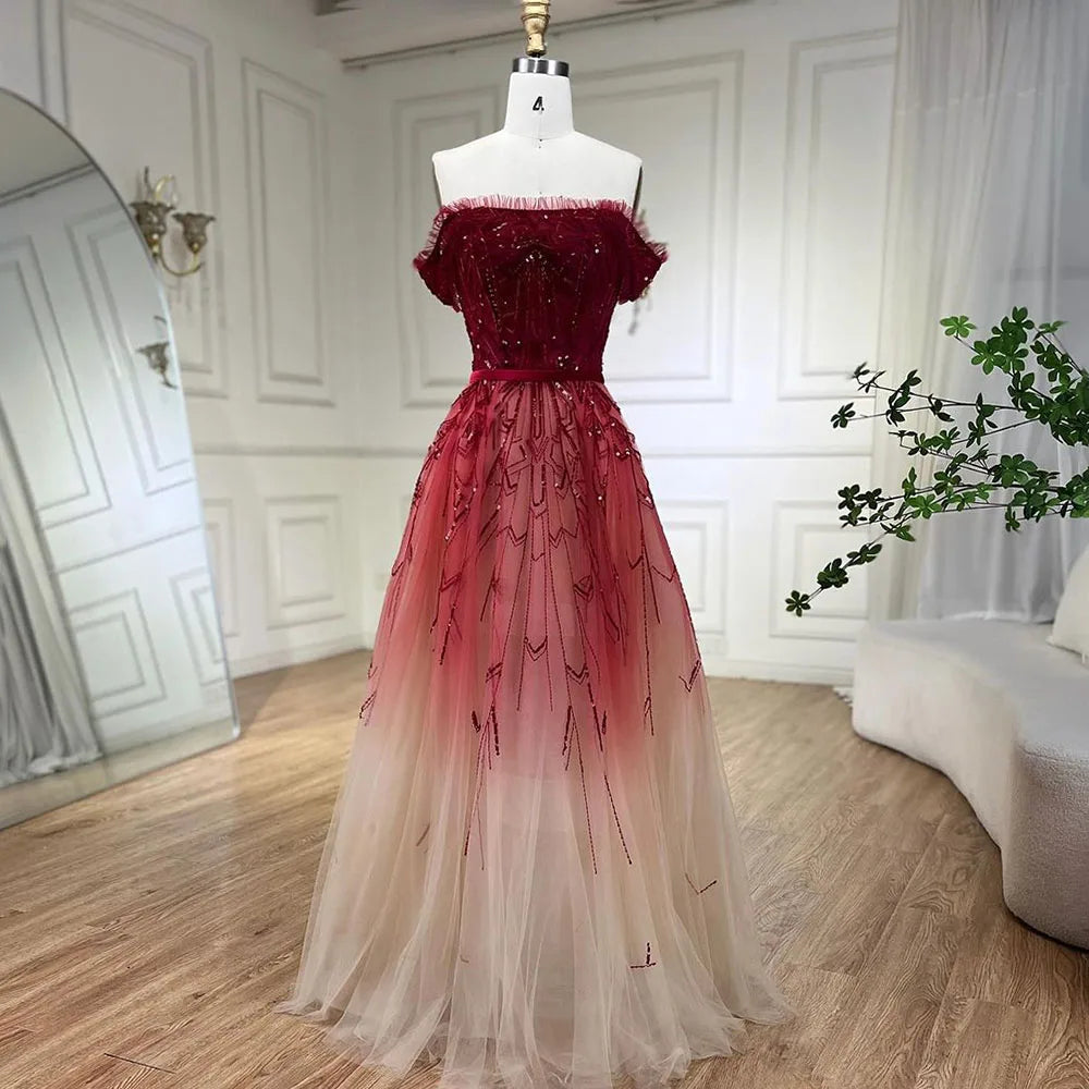 Gradual Change Red A-Line Sexy Evening Dresses 2025 Beading Sequins Boat Neck Formal Dress Design Serene Hill LA70516 - SERENE HILL