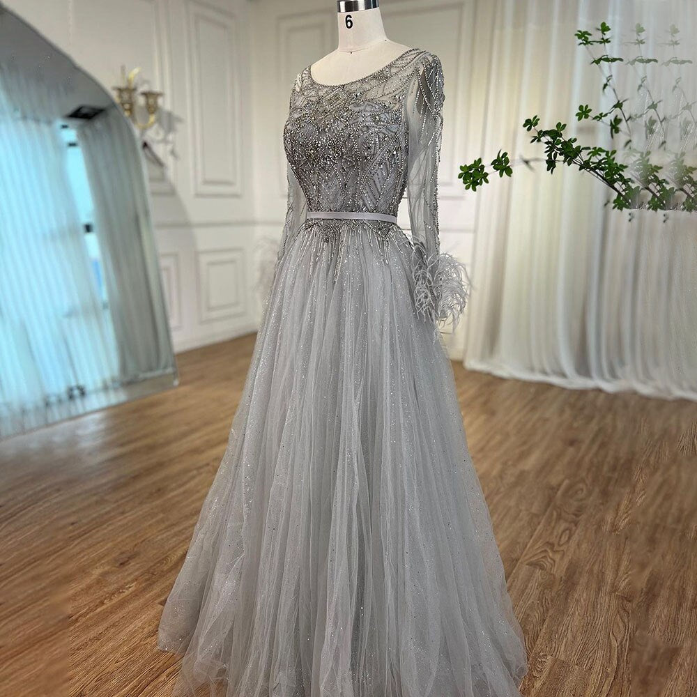 Grey A-Line Beading Feathers Design Evening Dresses 2025 Dubai Long Sleeves Luxury Formal Dress Serene Hill LA70472 - SERENE HILL