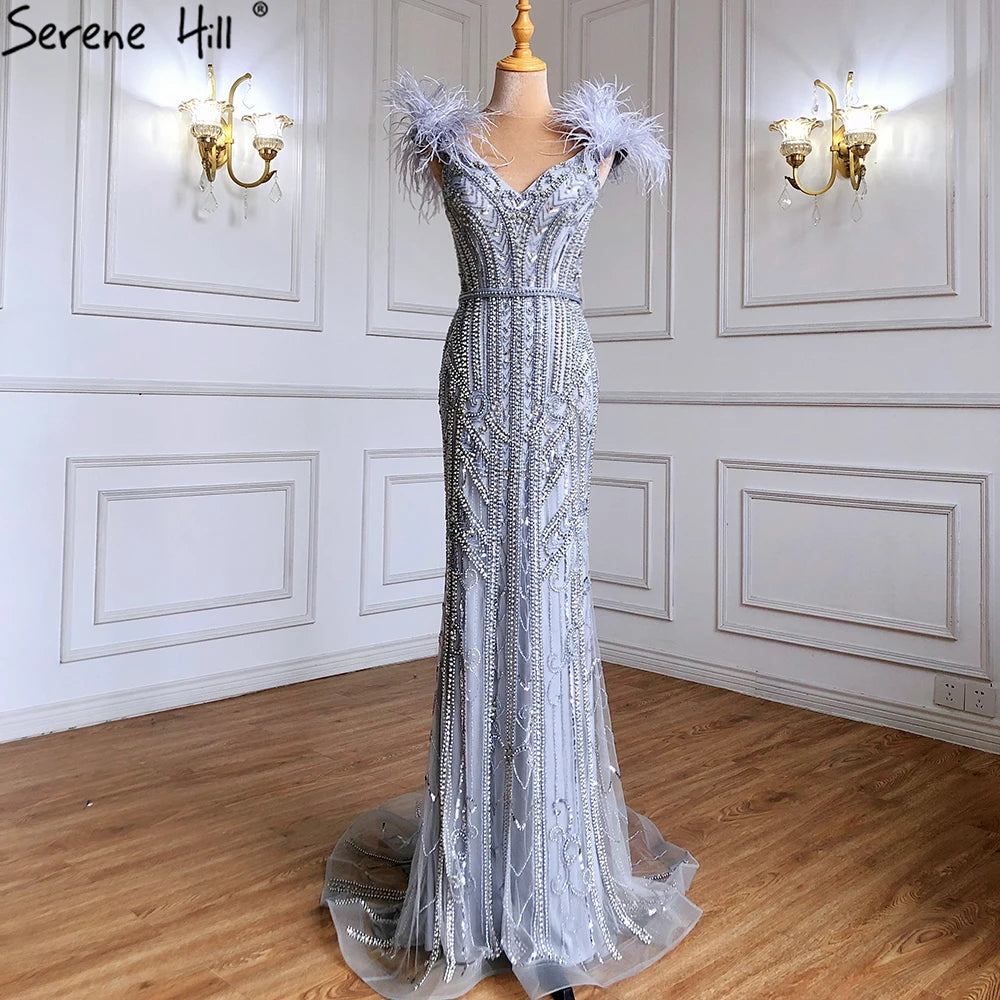 Lilac Luxury Beaded Mermaid Evening Dress Gown with Feathers LA70830 - SERENE HILL