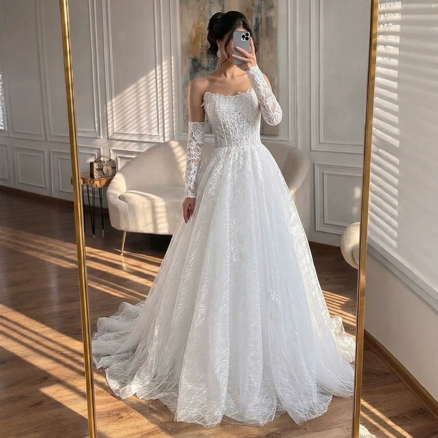 Luxury White Strapless Lace Corset Detachable Sleeve A Line Dress HA2536 SERENE HILL