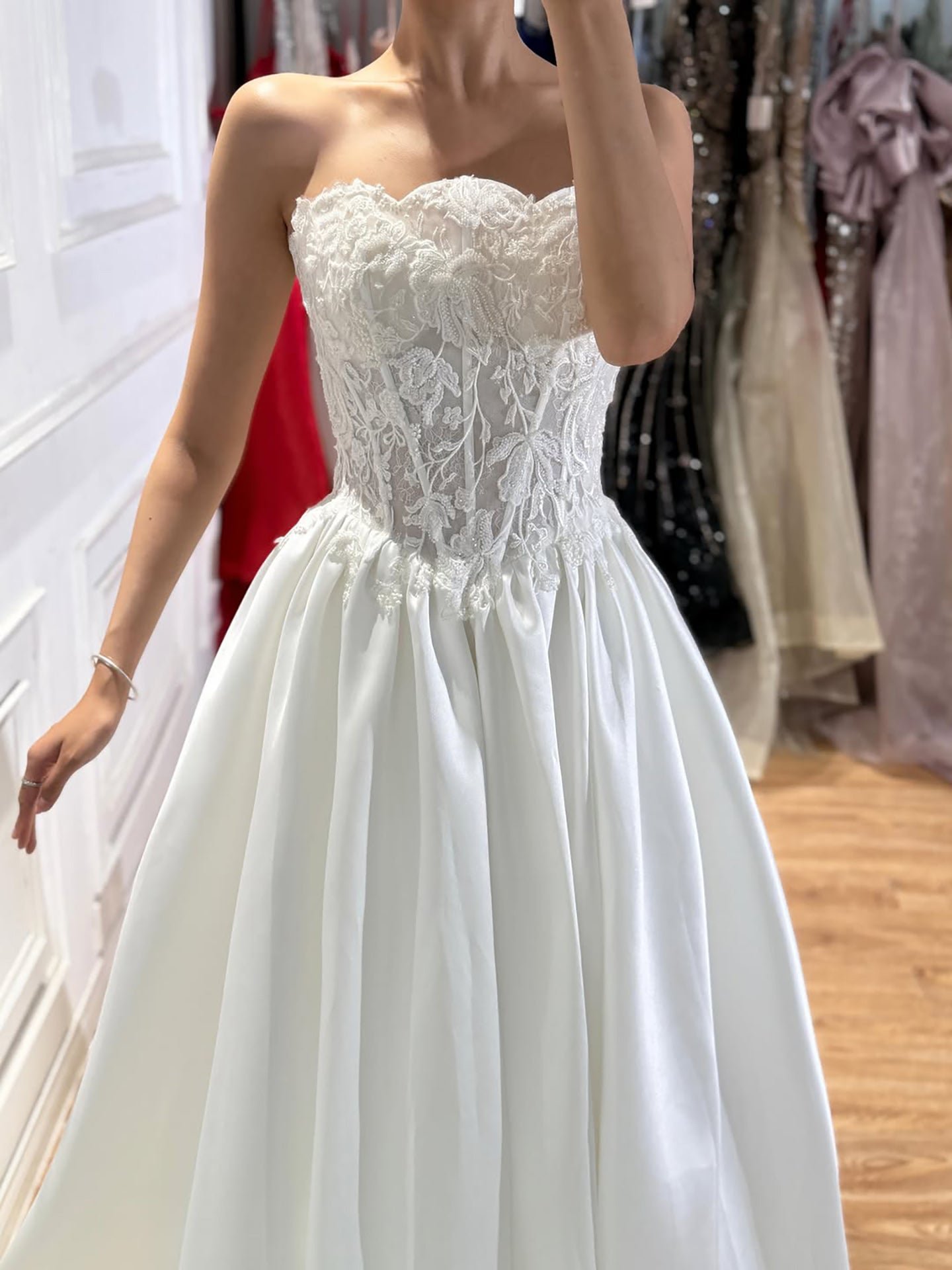 Luxury White Strapless See Through Lace Corset Satin A Line Dress HA2537 SERENE HILL