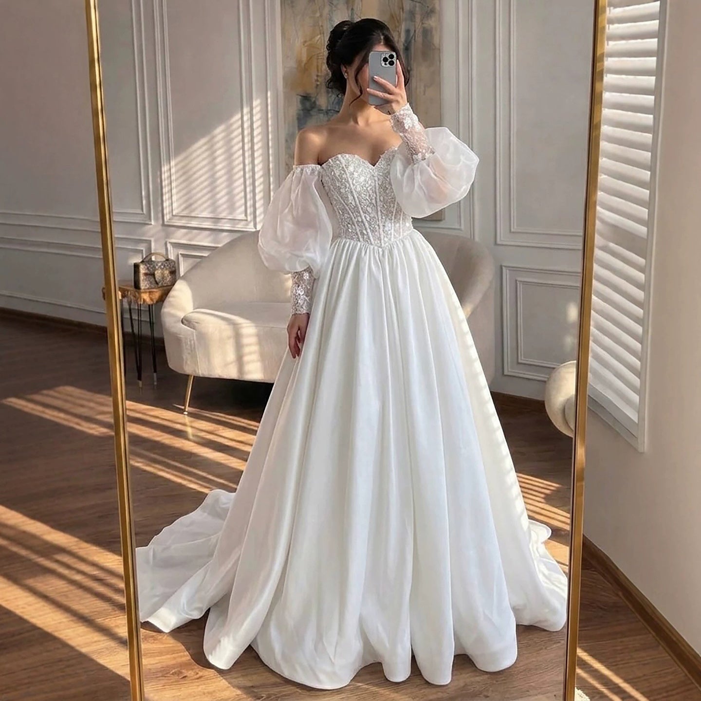Luxury White Off Shoulder Beaded Basque Corset Puff Sleeve Dress HA2538