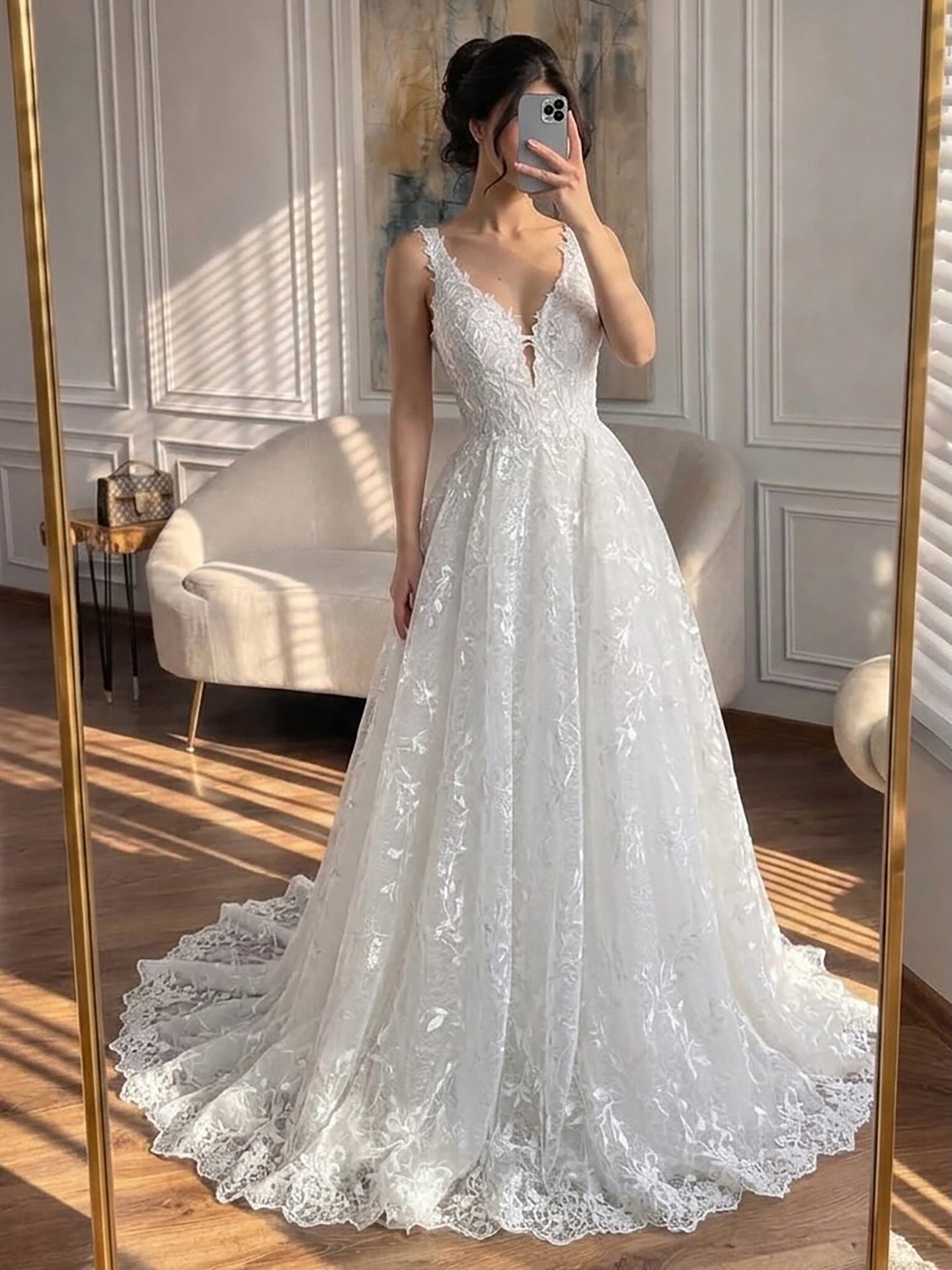 Luxury White Lace V-Neck Low Back Appliques A-Line Wedding Dress HA2541 SERENE HILL