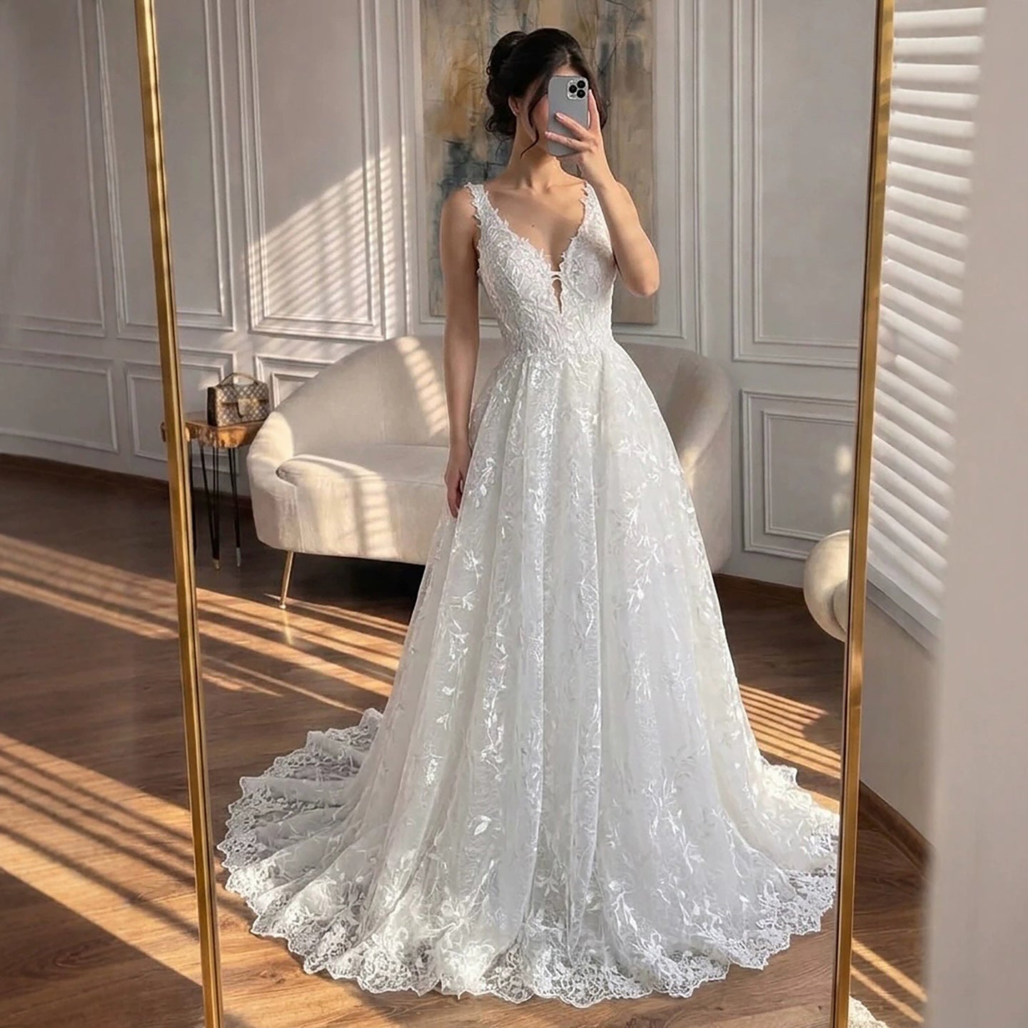 embroidery lace luxury dress White V-Neck Low Back Appliques A-Line Wedding HA2541 Are the dress photos Moonlight Magic Mini Dress Girls' Christmas Party Dress Color:Merry Christmas