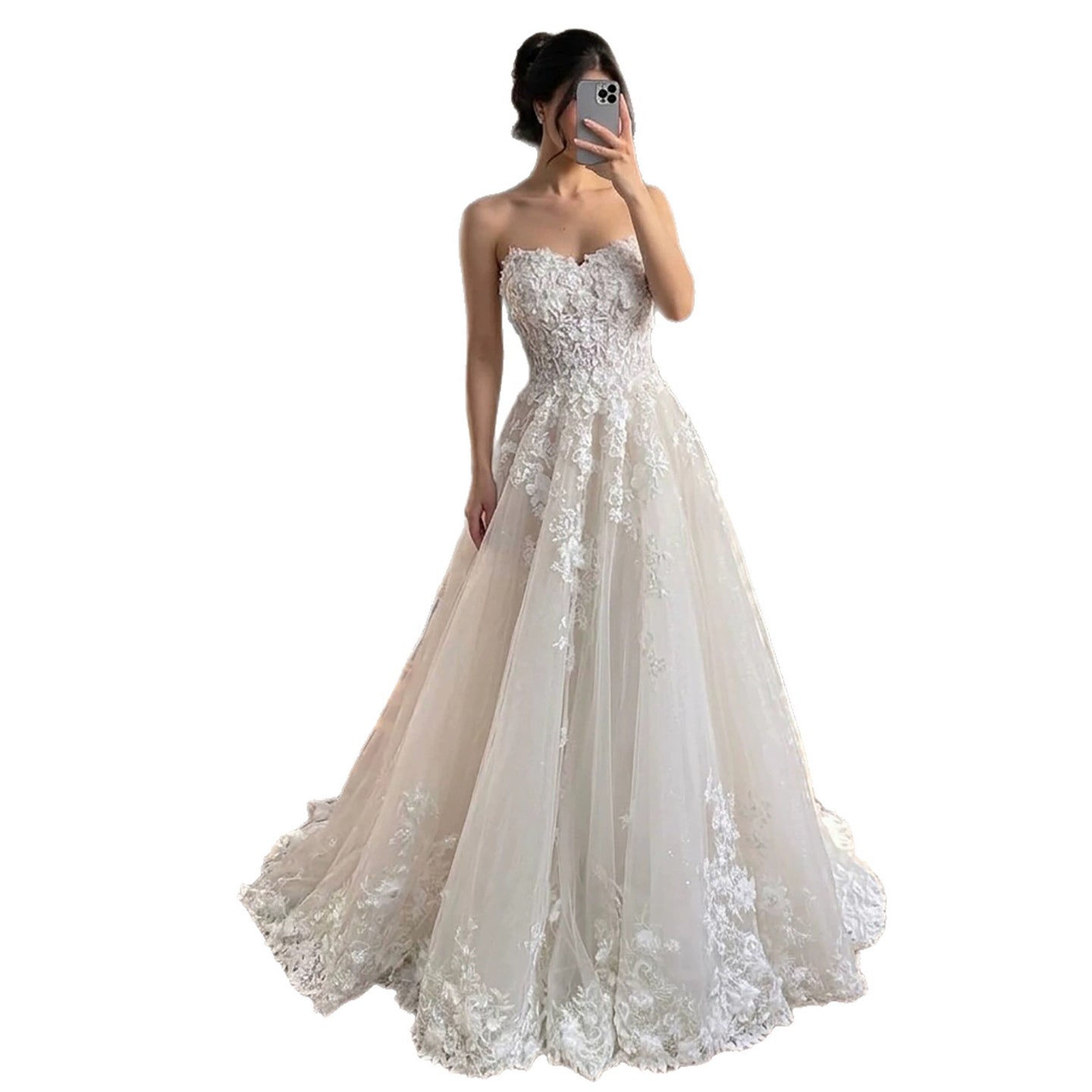 Luxury White Lace Strapless 3D Floral Pearl A-Line Wedding Dress HA2542 SERENE HILL