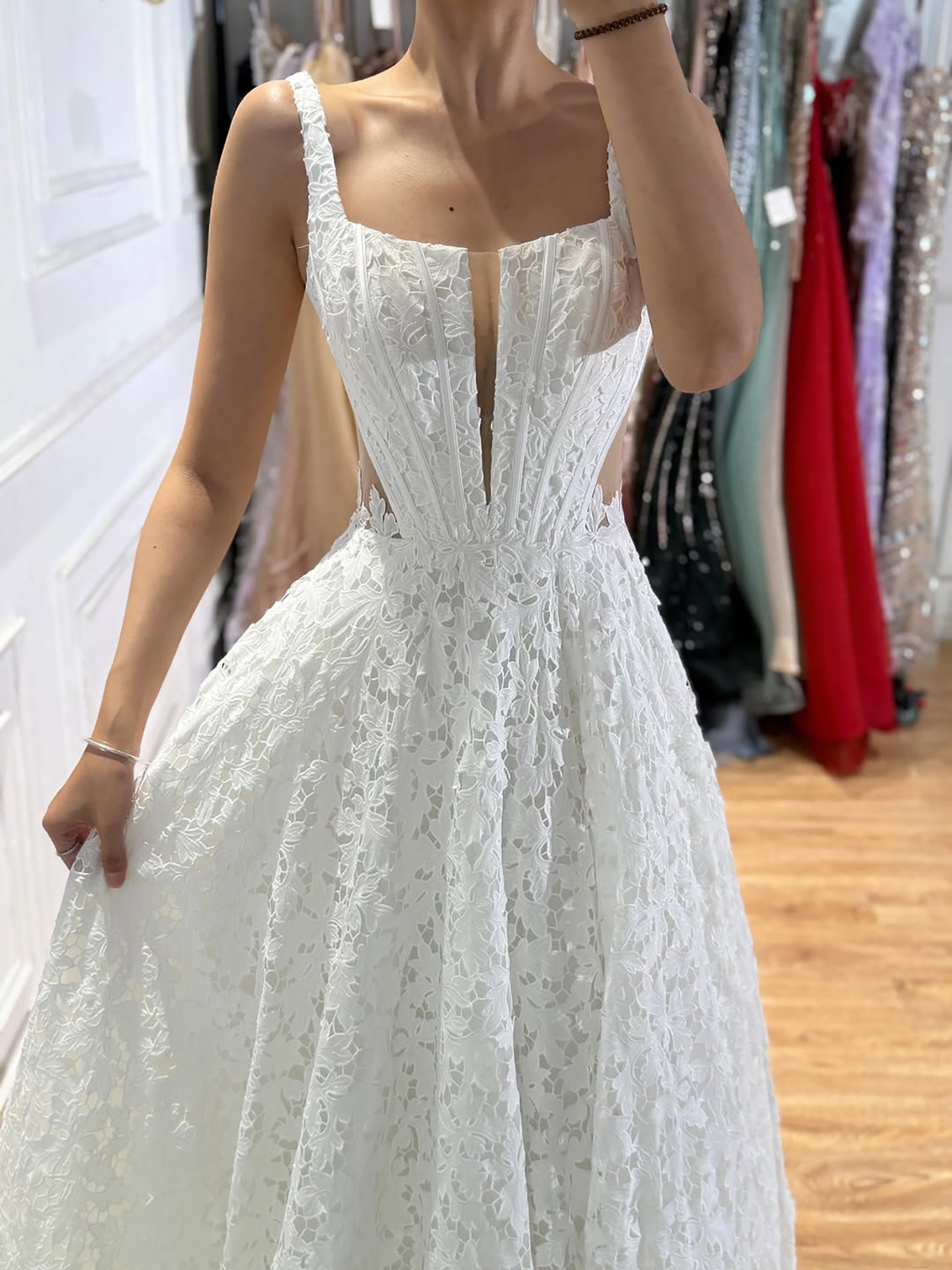 Luxury White Lace Square Neck Deep V Cutout A-Line Wedding Dress HA2543 SERENE HILL