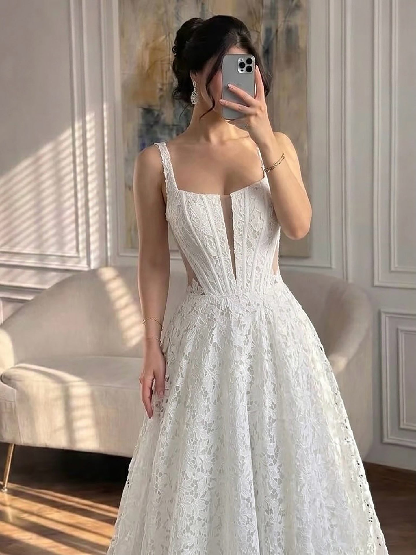 Luxury White Lace Square Neck Deep V Cutout A-Line Wedding Dress HA2543 SERENE HILL