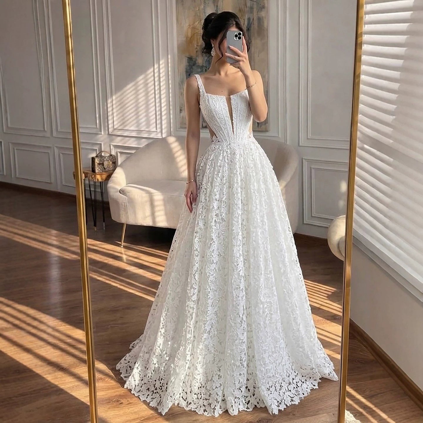 Luxury White Lace Square Neck Deep V Cutout A-Line Wedding Dress HA2543