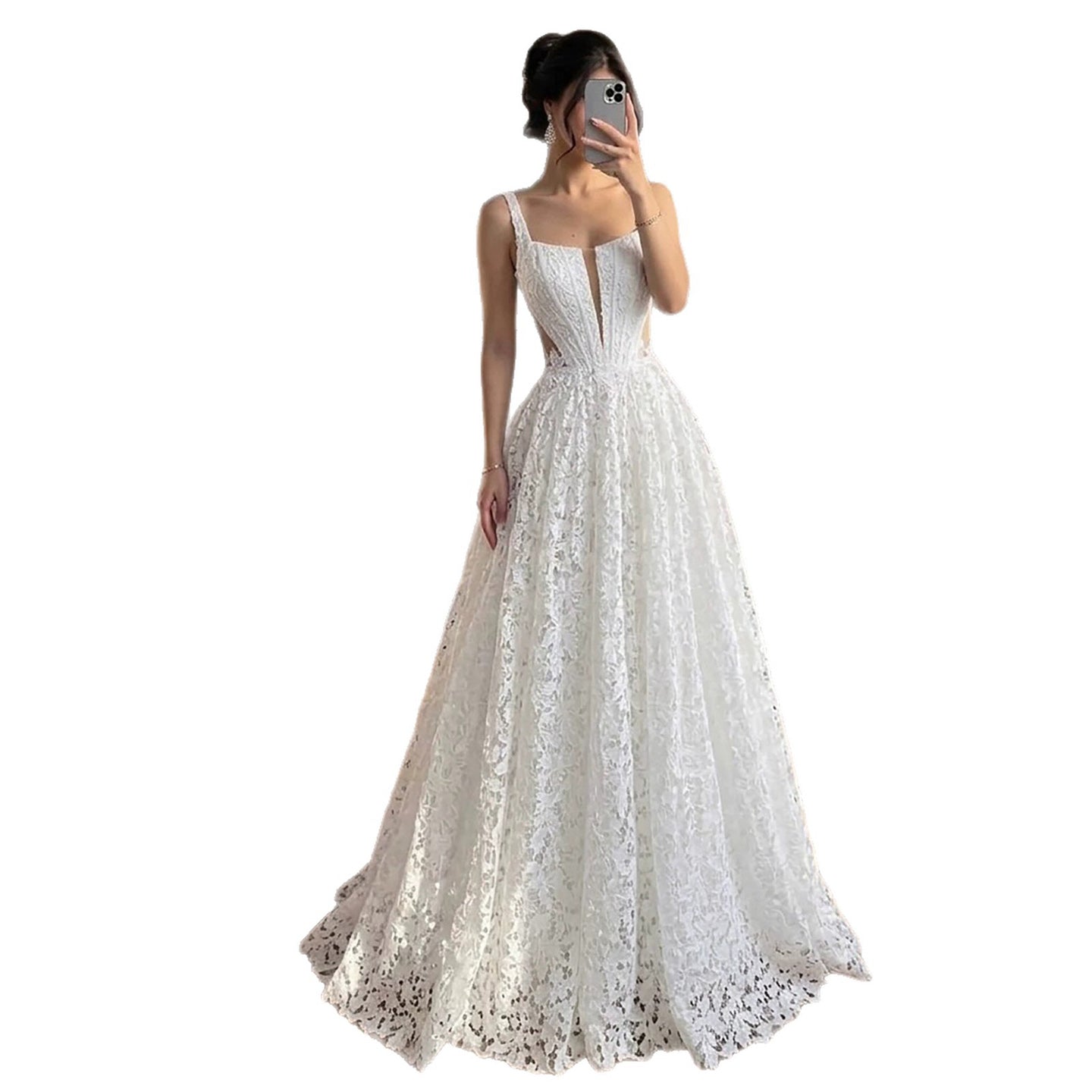 Luxury White Lace Square Neck Deep V Cutout A-Line Wedding Dress HA2543 SERENE HILL