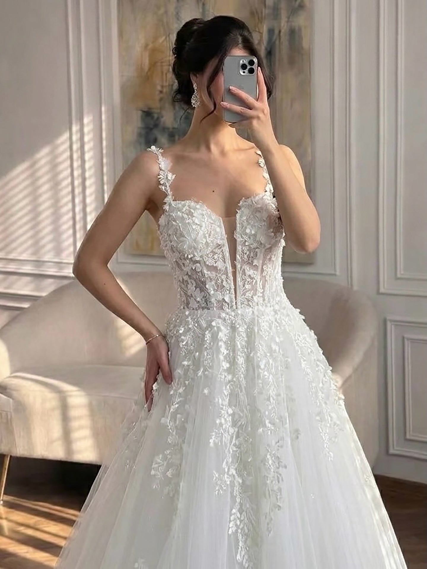 Luxury White Lace Spaghetti Strap 3D Floral A-Line Wedding Dress HA2545 SERENE HILL