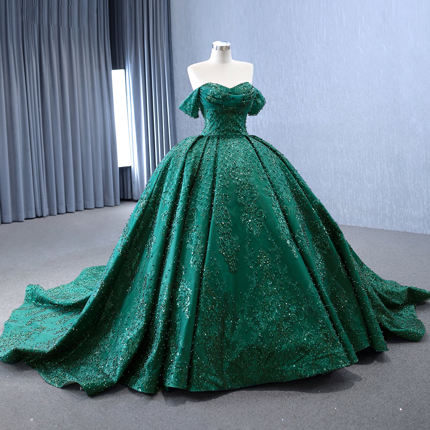 Luxury Gold Off-Shoulder Pearls Beaded Ball Gown HM231147