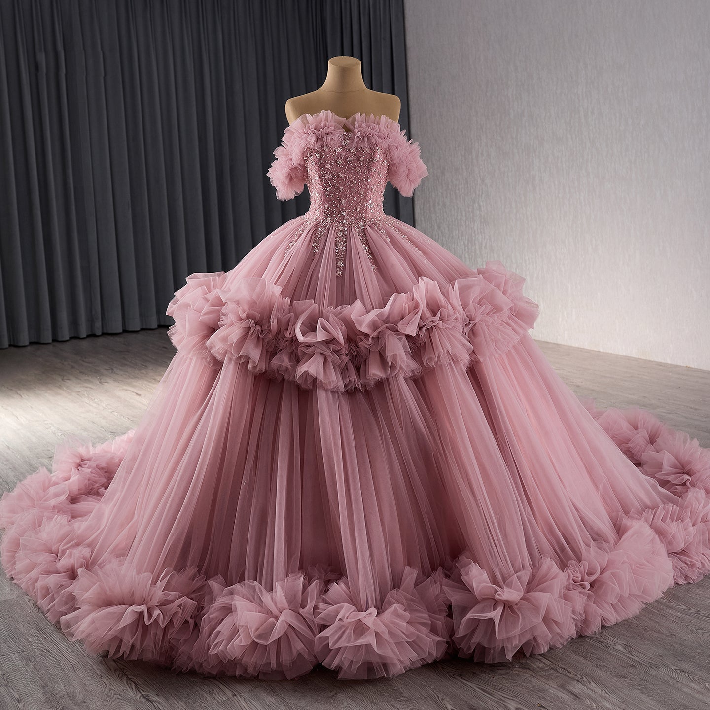 Luxury Blush Pink Off Shoulder Ruffle Tulle Ball Gown HM241098