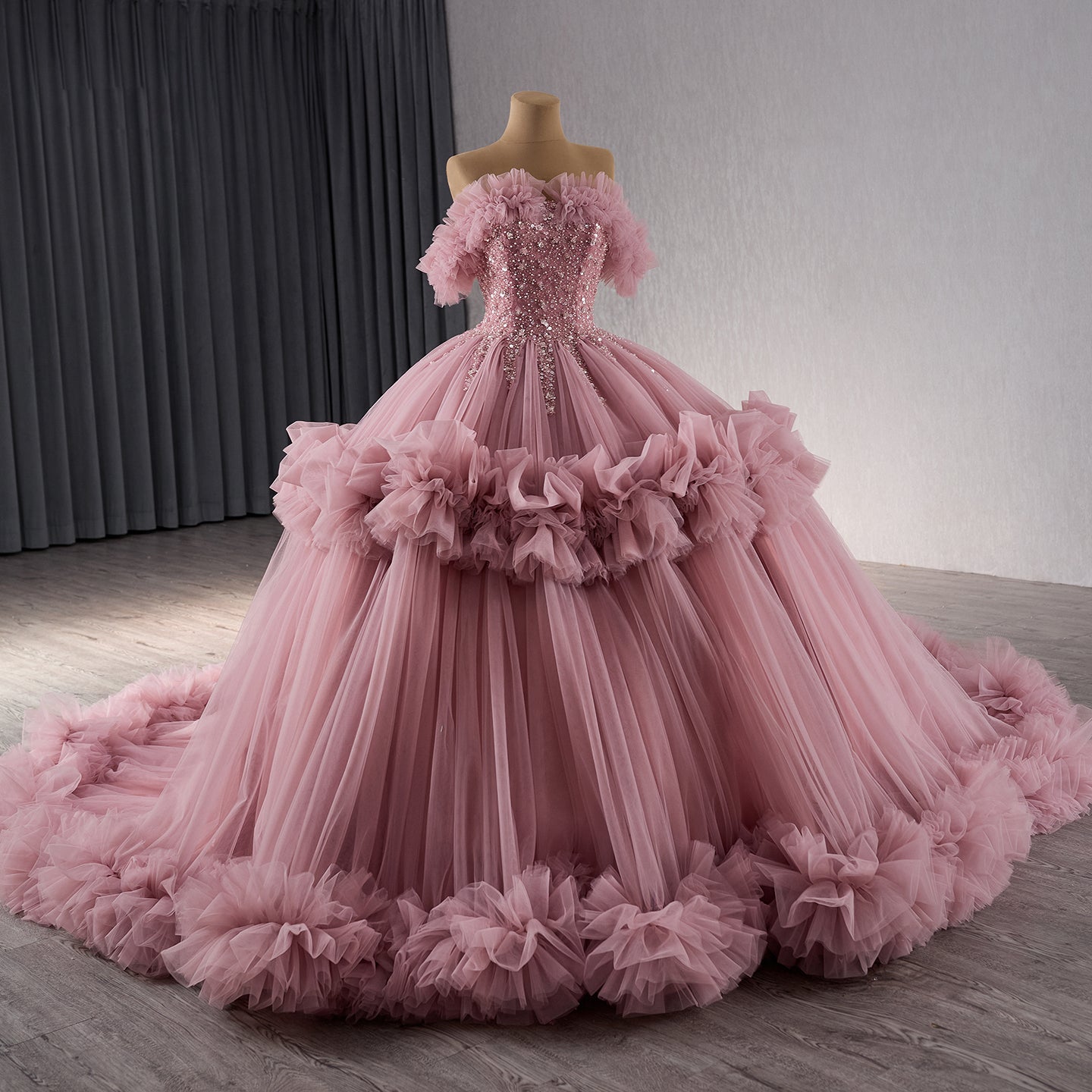 Luxury Blush Pink Off Shoulder Ruffle Tulle Ball Gown HM241098