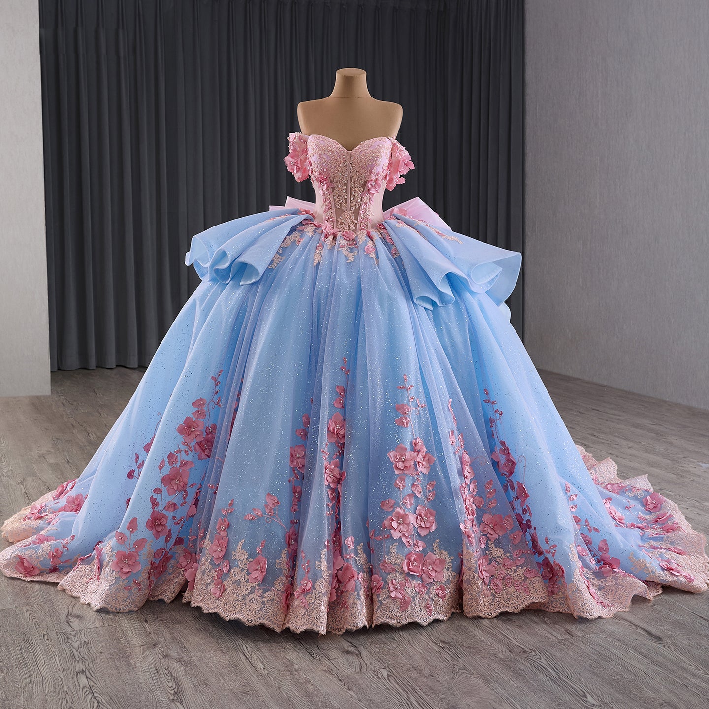 Luxury Blue Pink Off-Shoulder Bow Floral Beaded Ball Gown HM241110B - SERENE HILL