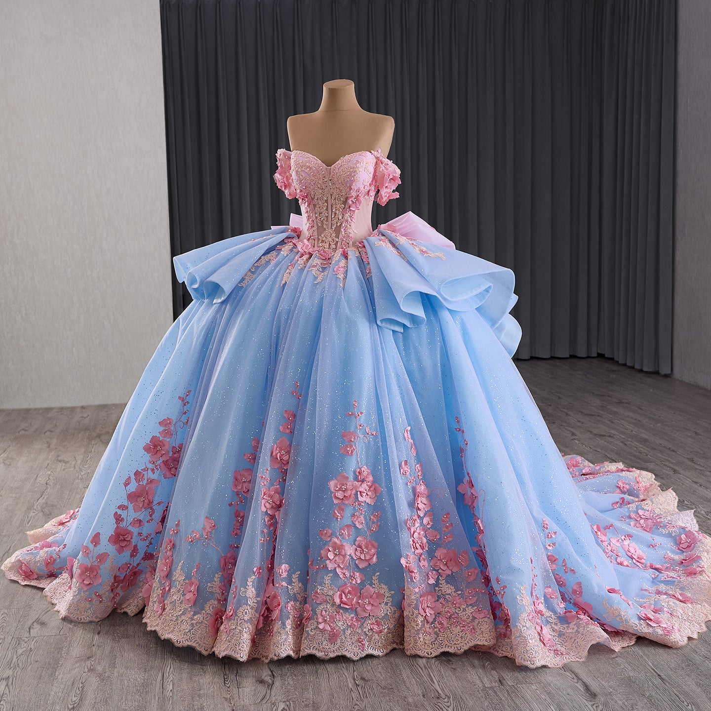 Luxury Blue Pink Off-Shoulder Bow Floral Beaded Ball Gown HM241110B - SERENE HILL