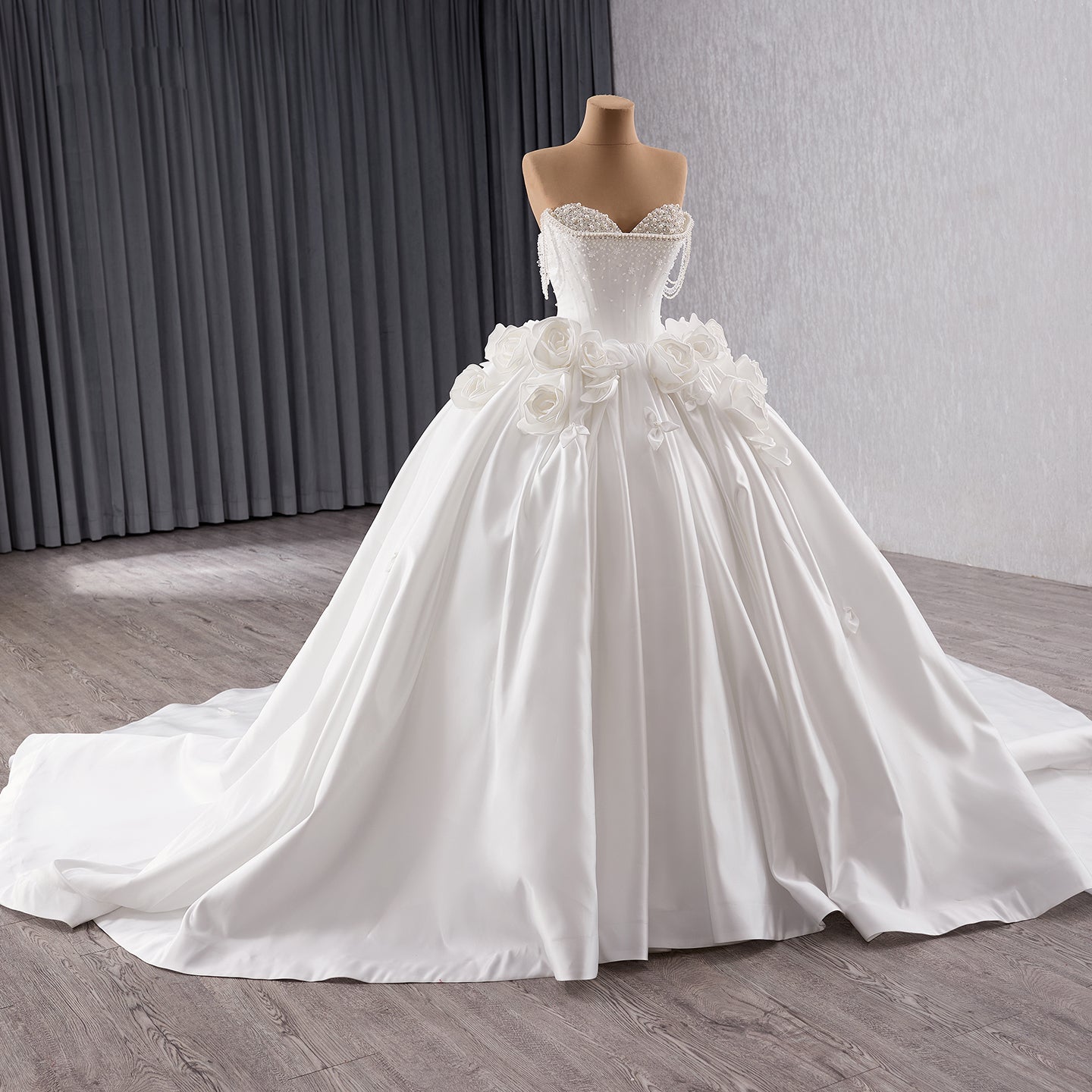 Luxury White Pearl Beaded 3D Floral Off-Shoulder Wedding Dress HM241140 - SERENE HILL
