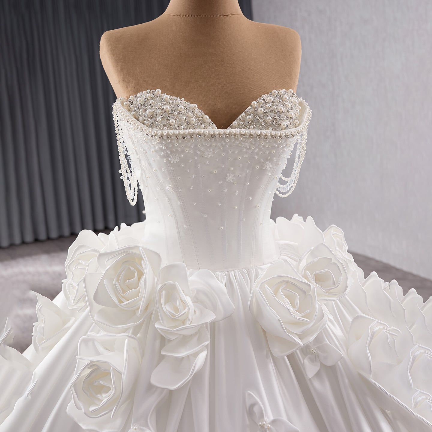 Luxury White Pearl Beaded 3D Floral Off-Shoulder Wedding Dress HM241140 - SERENE HILL
