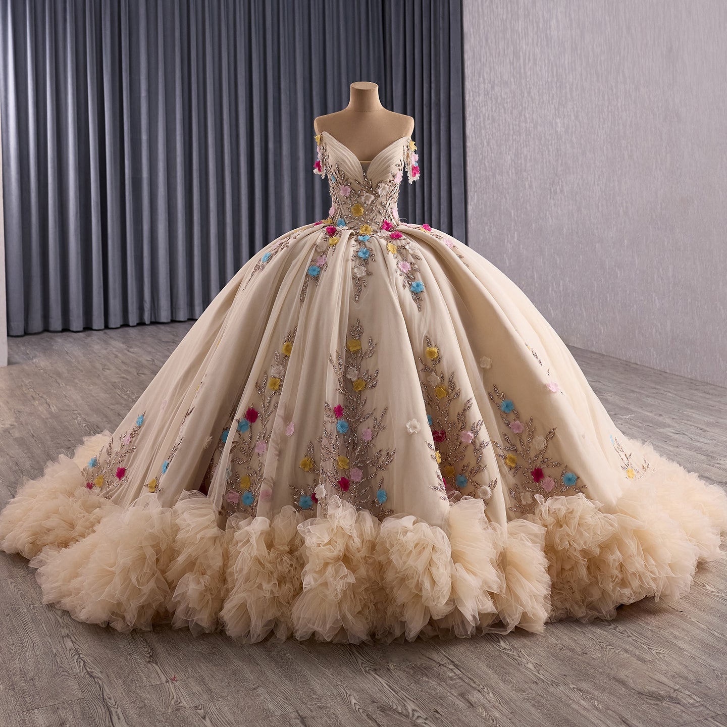 Luxury Nude Off-Shoulder Floral 3D Appliques Ball Gown HM251088 - SERENE HILL