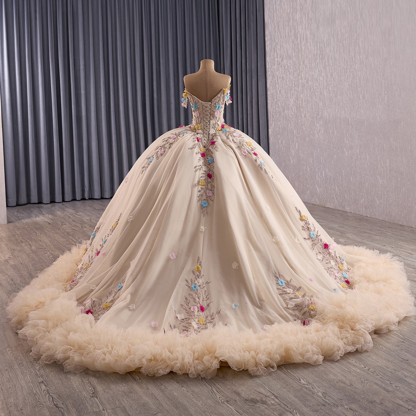 Luxury Nude Off-Shoulder Floral 3D Appliques Ball Gown HM251088 - SERENE HILL