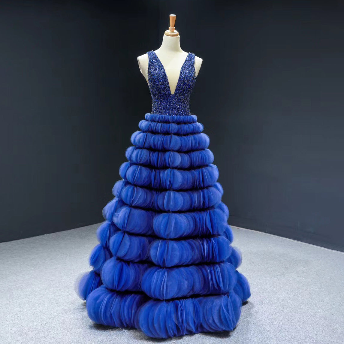 Luxury Blue Puffy Wedding Dress Deep Beaded Tulle Evening Dress MH66931 - SERENE HILL