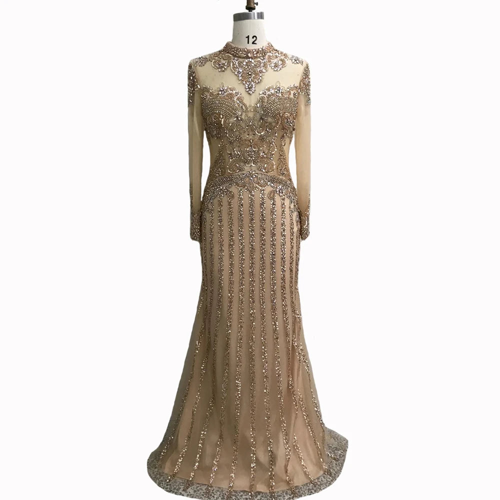 Serene Hill Luxury Muslim Gray Luxury Long Elegant with Detachable Train Mermaid Evening Gowns Dresses For Woman LA70199 - SERENE HILL