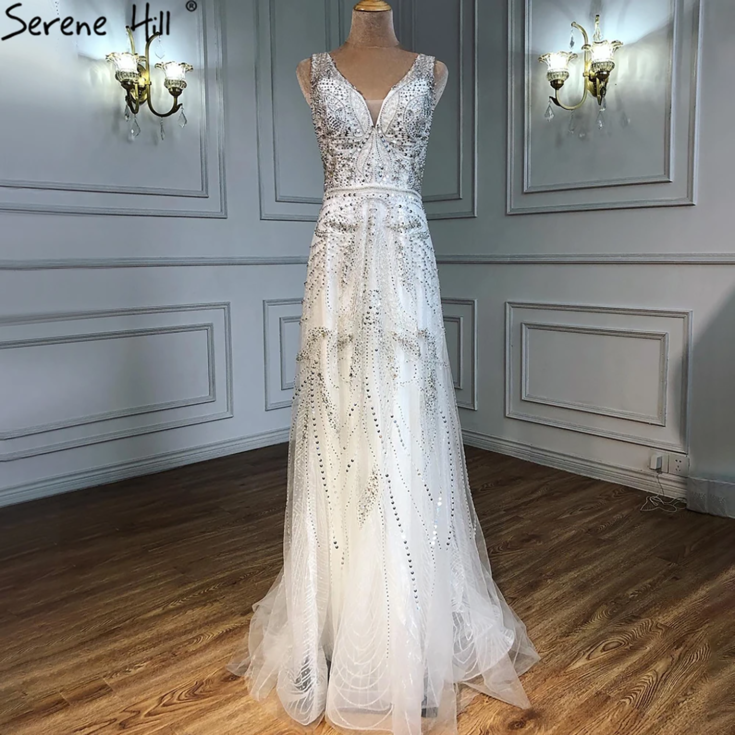 On Sale no return no refund Rose Gold A-Line V-Neck Luxury Sexy Evening Dresses 2025 Pearls Crystal Long Sleeves Fromal Gown Serene Hill LA70287