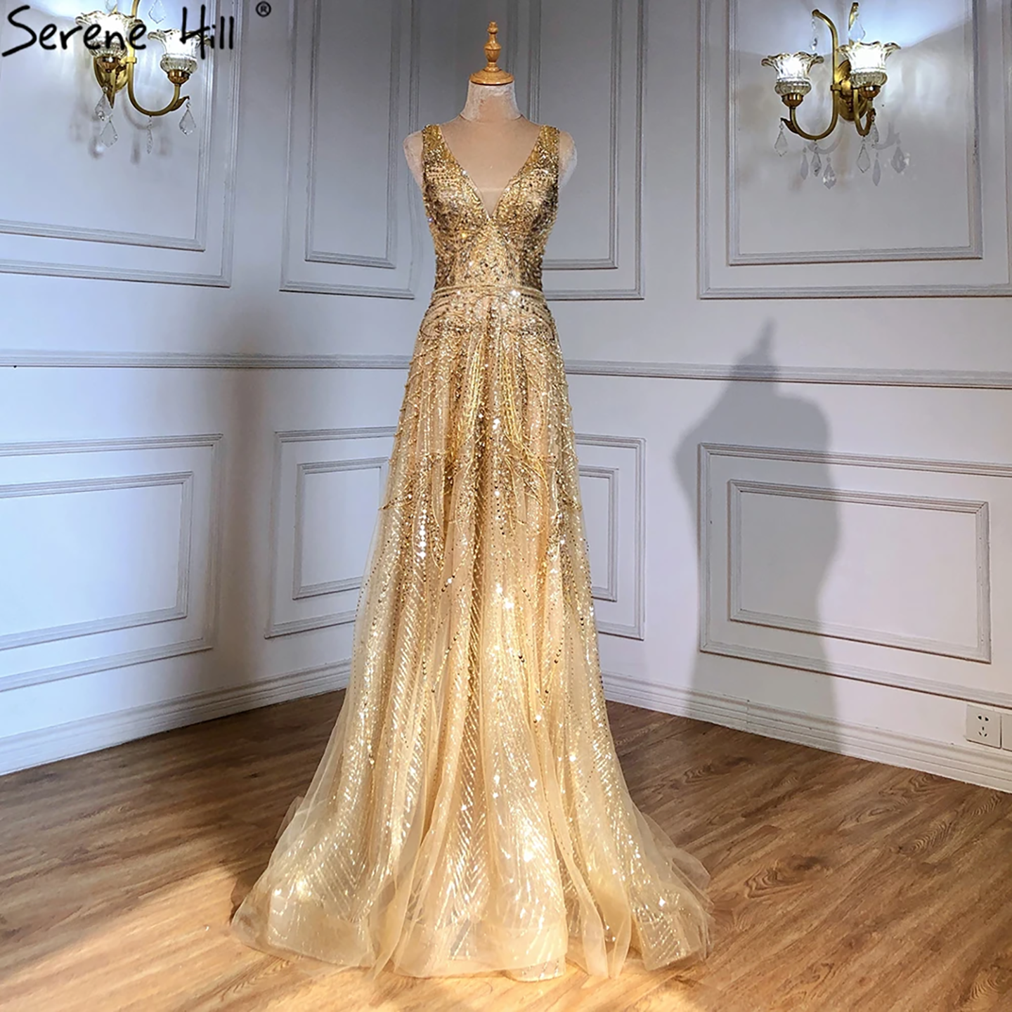 On Sale no return no refund Rose Gold A-Line V-Neck Luxury Sexy Evening Dresses 2025 Pearls Crystal Long Sleeves Fromal Gown Serene Hill LA70287