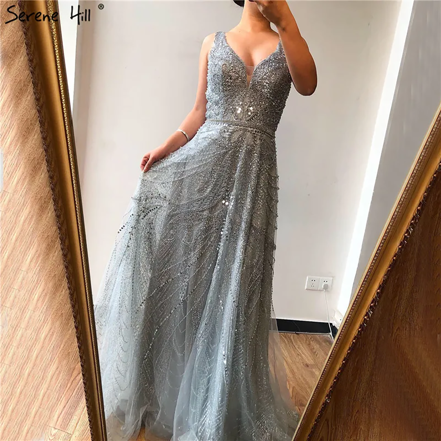 On Sale no return no refund Rose Gold A-Line V-Neck Luxury Sexy Evening Dresses 2025 Pearls Crystal Long Sleeves Fromal Gown Serene Hill LA70287