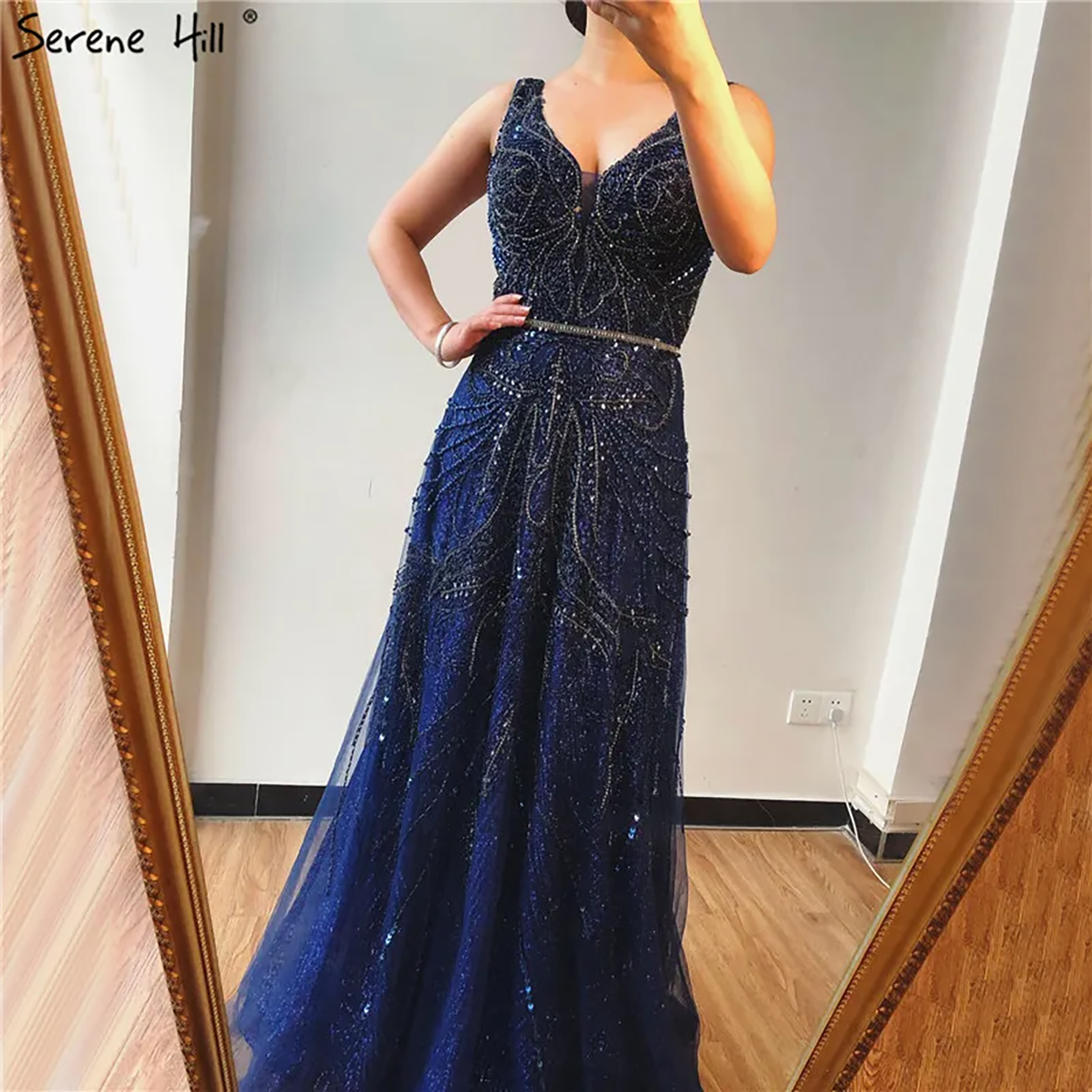 On Sale no return no refund Rose Gold A-Line V-Neck Luxury Sexy Evening Dresses 2025 Pearls Crystal Long Sleeves Fromal Gown Serene Hill LA70287