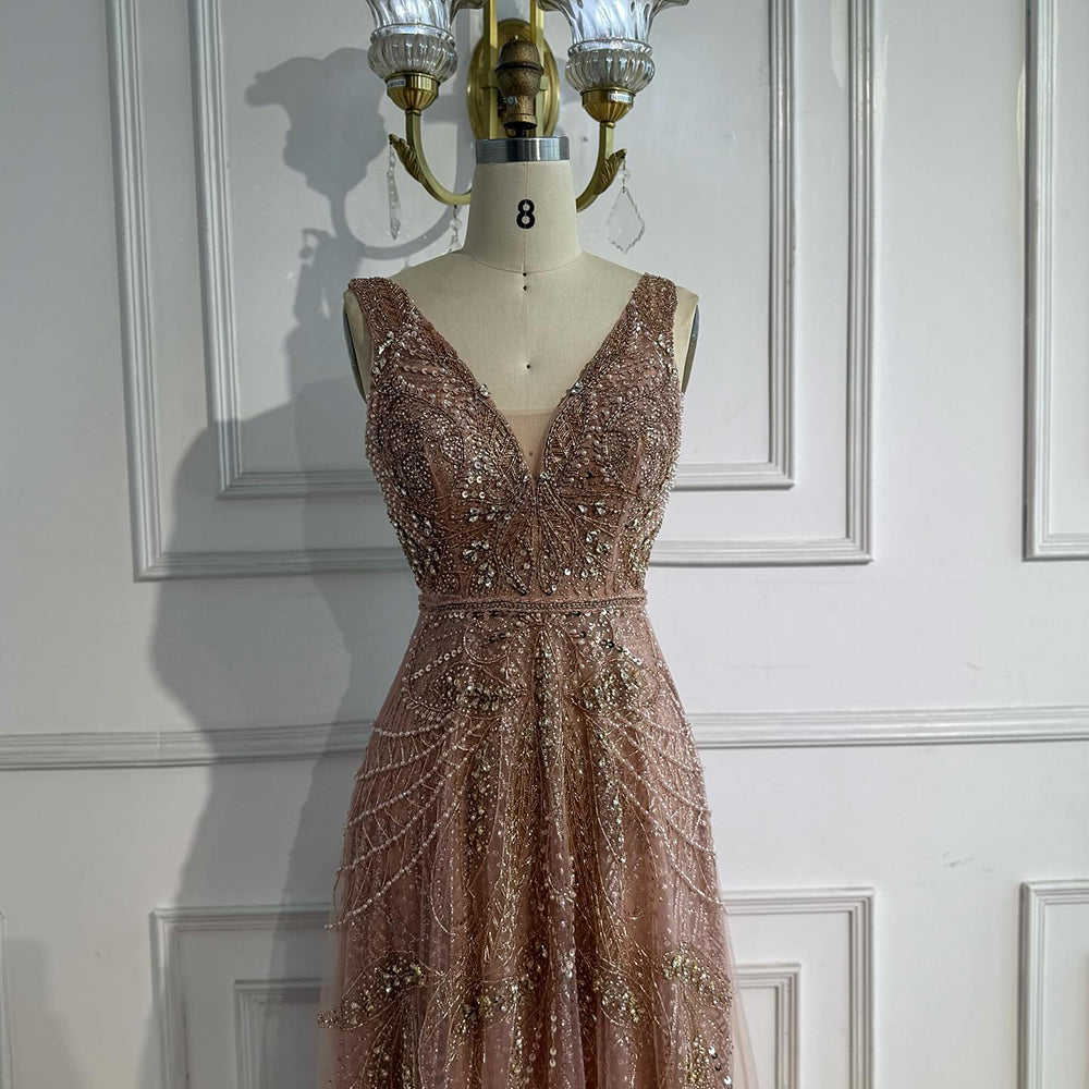 On Sale no return no refund Rose Gold A-Line V-Neck Luxury Sexy Evening Dresses 2025 Pearls Crystal Long Sleeves Fromal Gown Serene Hill LA70287