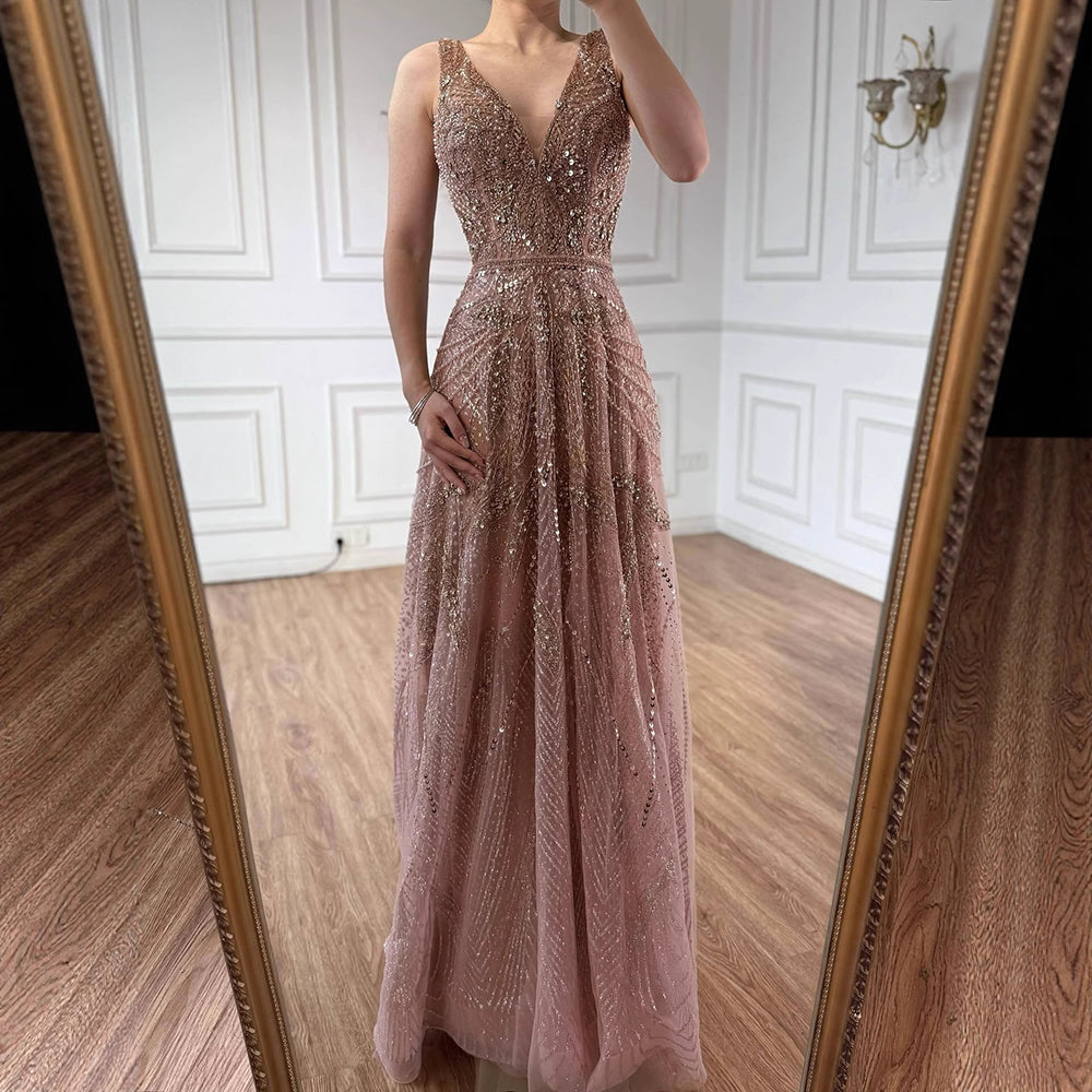 On Sale no return no refund Rose Gold A-Line V-Neck Luxury Sexy Evening Dresses 2025 Pearls Crystal Long Sleeves Fromal Gown Serene Hill LA70287