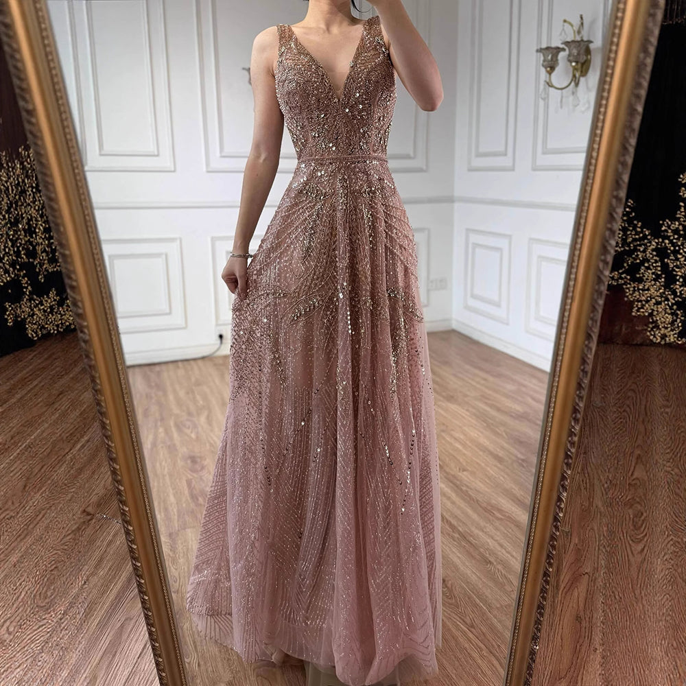 On Sale no return no refund Rose Gold A-Line V-Neck Luxury Sexy Evening Dresses 2025 Pearls Crystal Long Sleeves Fromal Gown Serene Hill LA70287